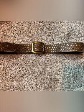Studded Brown Leather Belt with Solid Brass Buckle - Women Accessories